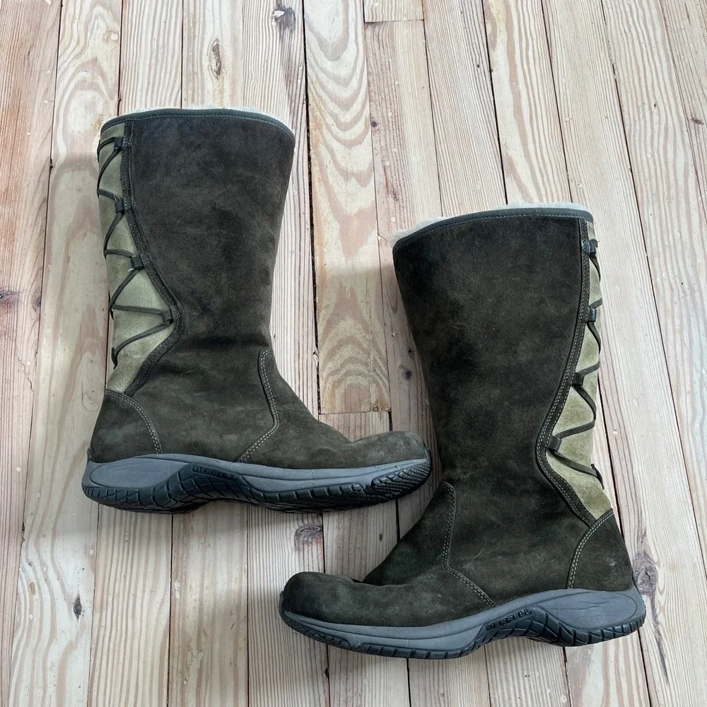 Merrell Encore Back Lace High Fir Suede tall winter Boots olive green Womens 8.5